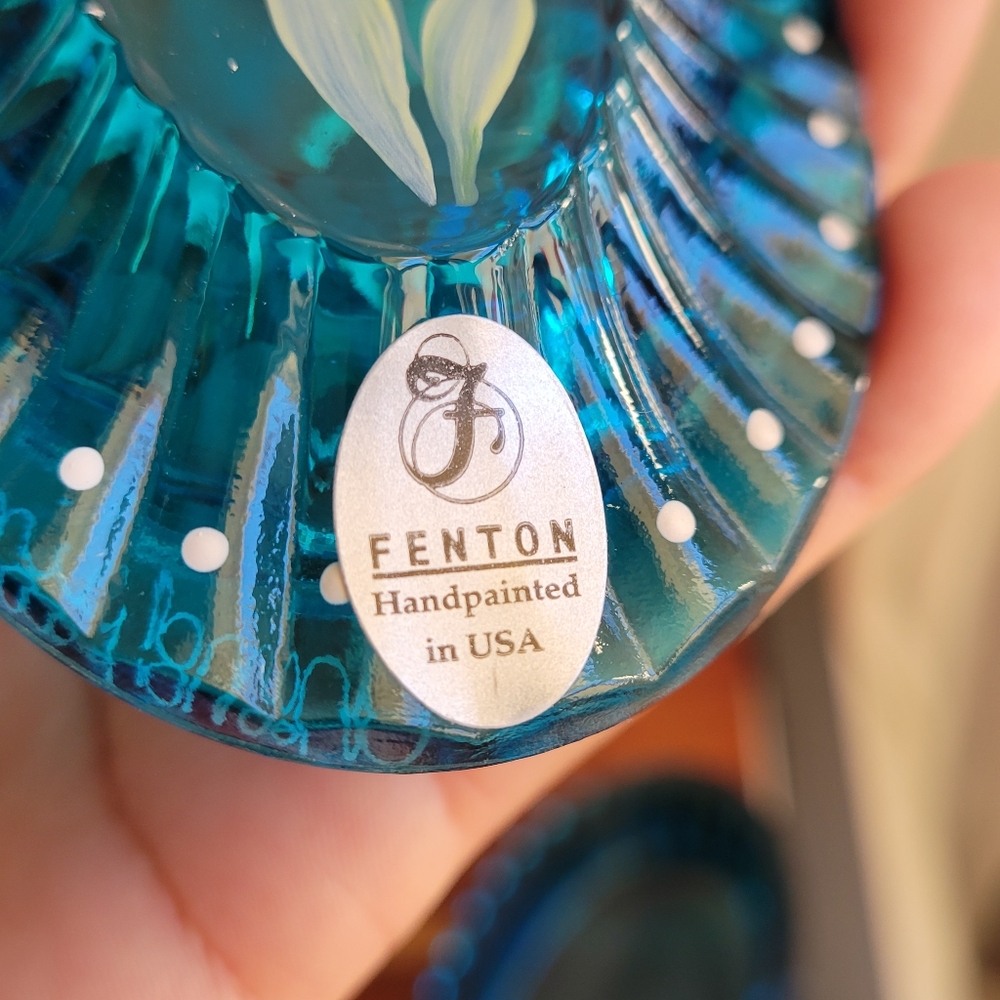 Vintage Fenton Art Glass USA Oval Turquoise Blue Color Hand Painted Floral RARE - Picture 9 of 13